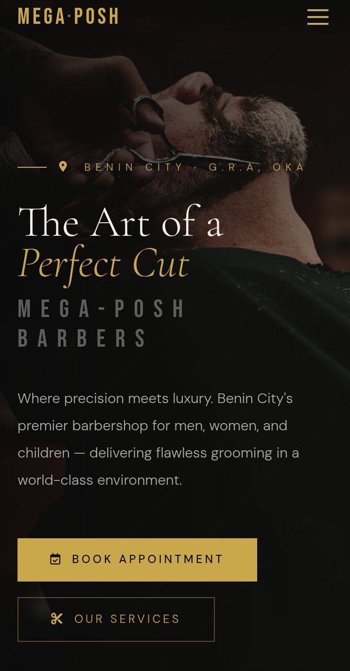 Mega Posh barber shop brand website with bold design and service showcase