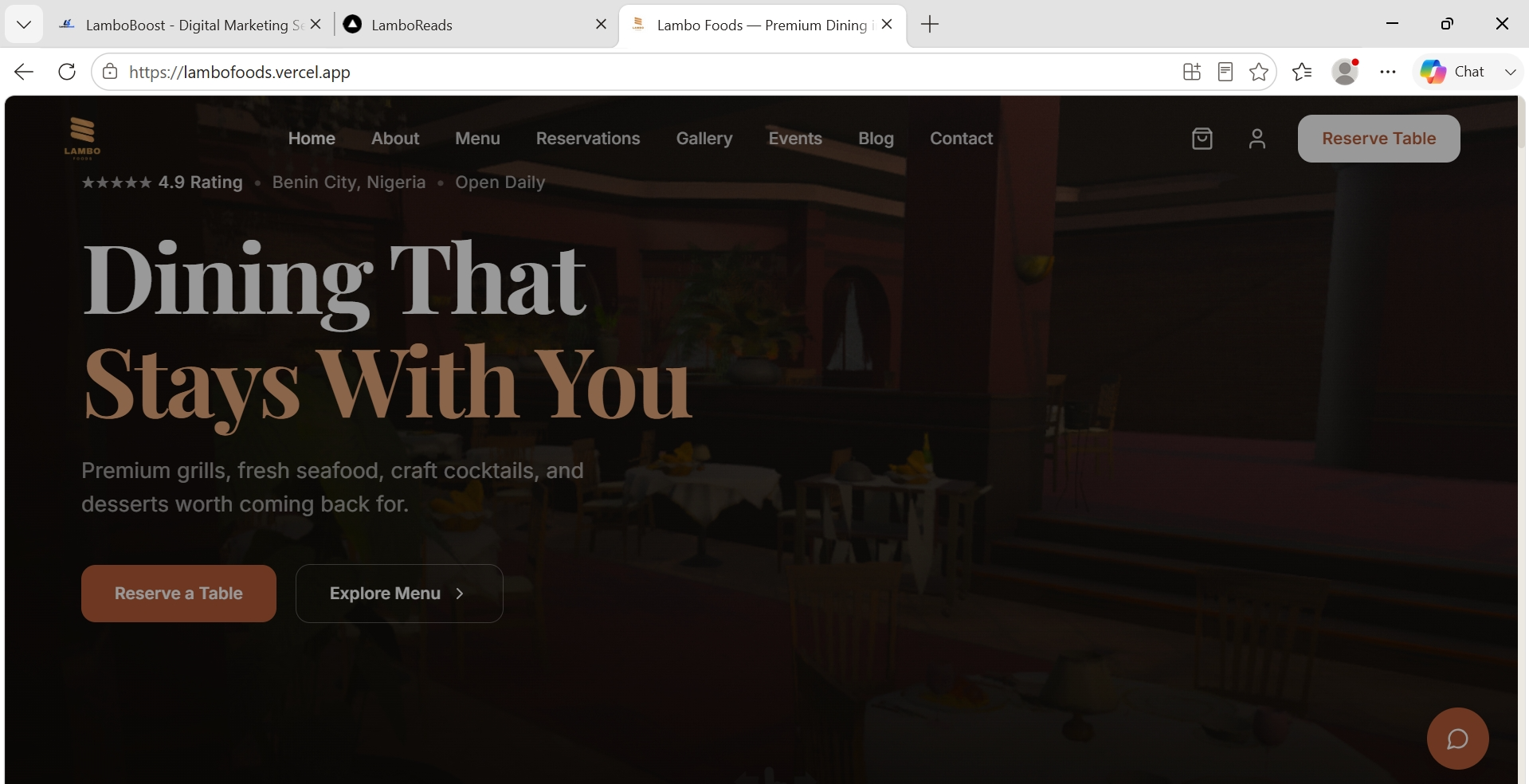 LamboFoods restaurant platform showing menu discovery and food presentation