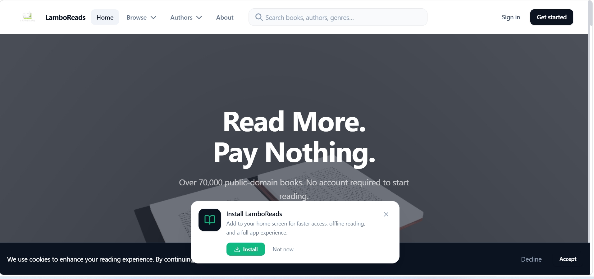 LamboReads digital reading platform showing book discovery and reading interface