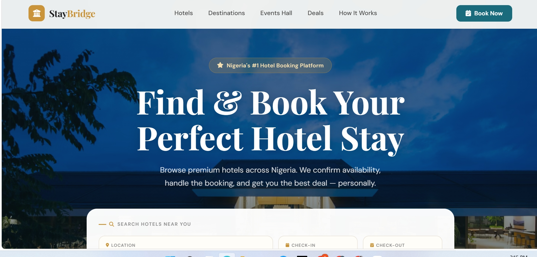 StayBridge hotel booking platform showing hotel search and booking interface